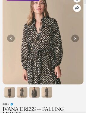 Doen Ivana Long-Sleeve Tie-Waist Black Dress with Cream Leaf Print